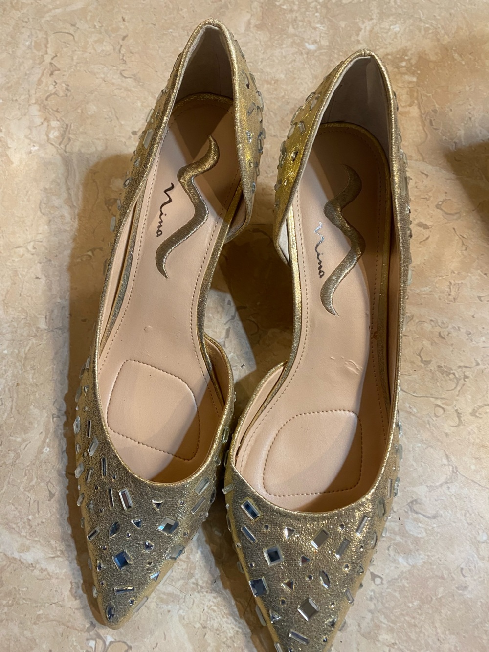 Nina Gold Metallic Jewel-Accented Women’s Heels